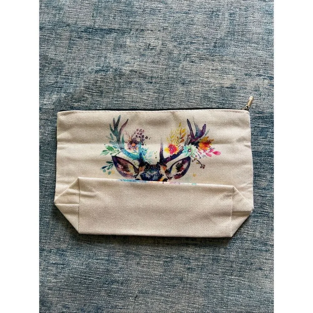 Colorful Watercolor Buck Cotton Canvas Small Makeup Bag Travel Toiletry Pouch